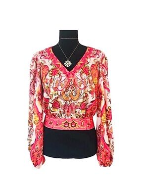 A PEACH ~ Vibrant Pink Paisley Floral Long Sleeve Backless V-Neck Top size S